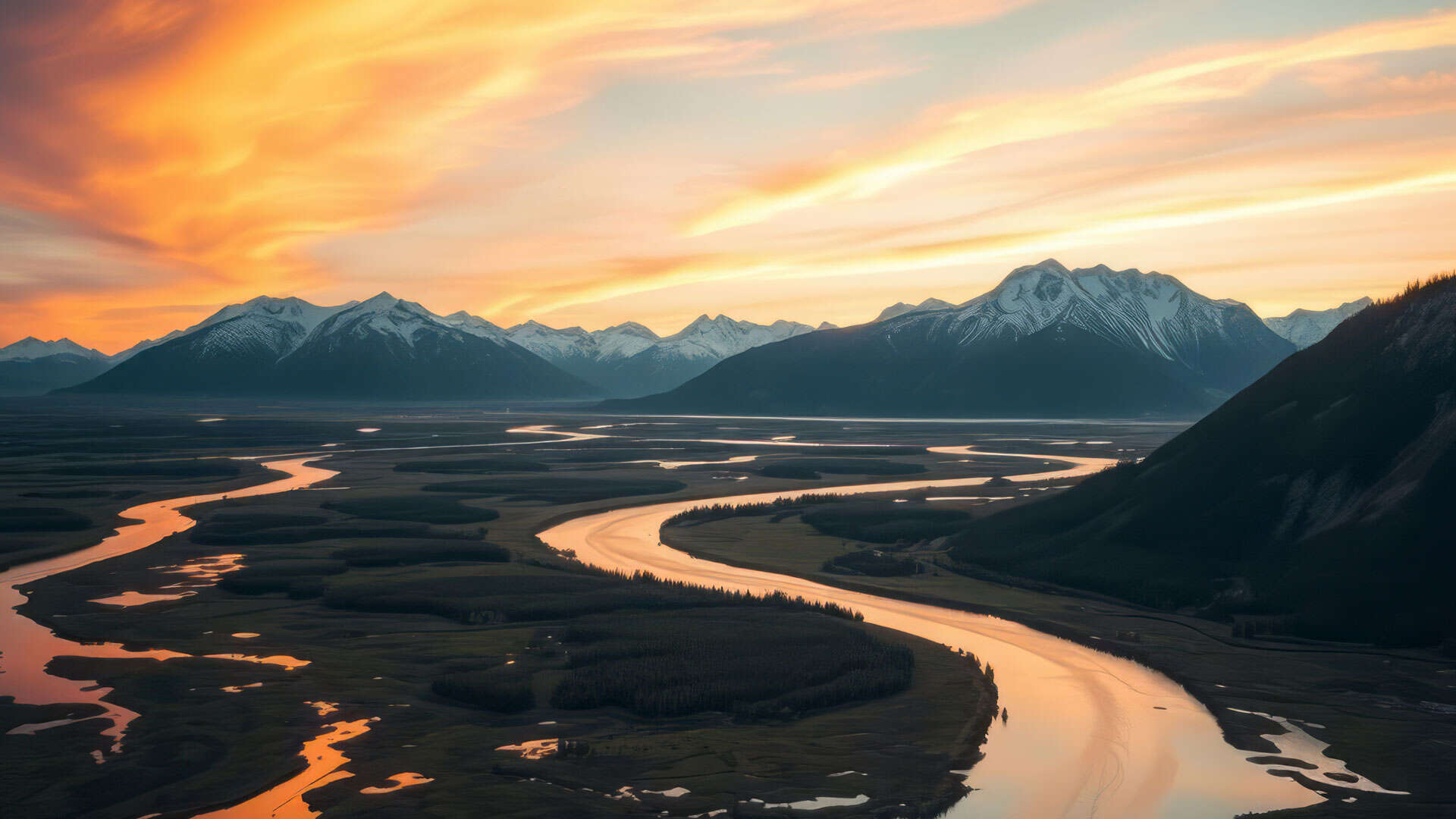 winding shiny rivers in the sunset